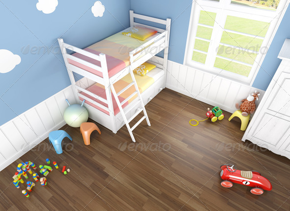 children’s bedroom in blue walls with bunk bed and lots of toys on the floor seen from above