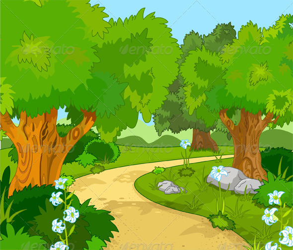 Background Kartun Graphic River Forest Landscape Gambar Pemandangan