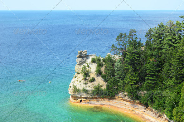 Kayakers by Miners Castle at Pictured Rocks National Lakeshore in the Upper Peninsula of Michigan