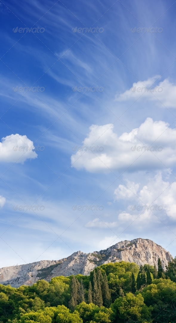 Beautiful landscape with mountain, green forest, blue sky and white clouds