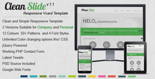 Clean Slide Responsive HTML Template / Vcard - Virtual Business Card Personal