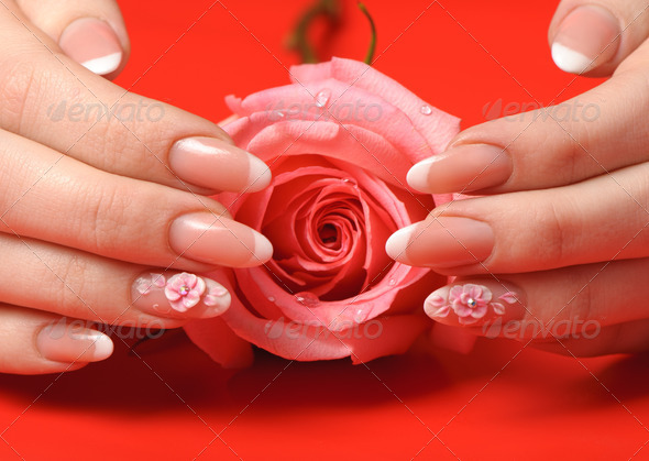 Manicure. Female hands on red background