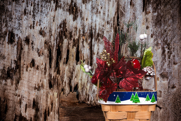 Christmas Basket On A Decayed Wood Background