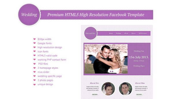 Wedding - HTML5 High Resolution Facebook Template - Events Entertainment