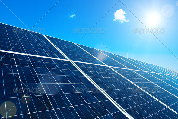Solar Panel with Sun and Lens Flares and blue Sky