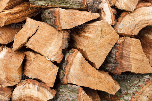 Closeup of woodpile with chopped oak firewood