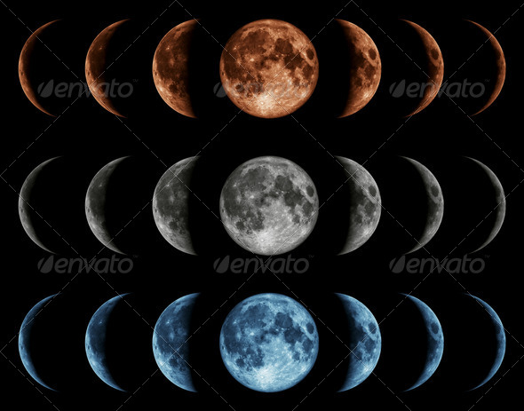 Seven phases of the moon isolated on black background. Gray, blue, red