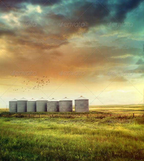 Prairie grain silos in late summer