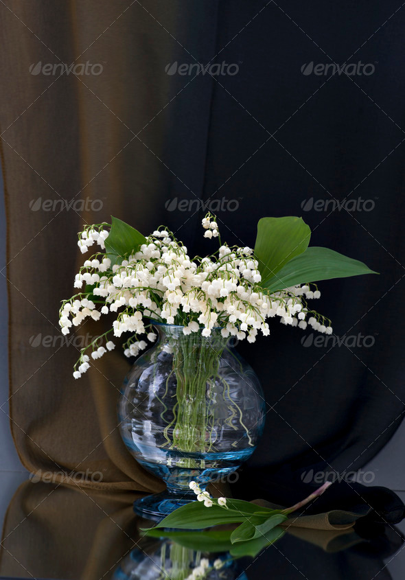 Still life with vase of lily of the valley on brown background