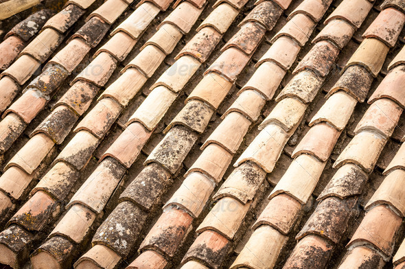 Close up detail of red clay roof tile with leaves and rainwater between rows in perspective view. Construction materials and house building. Abstract backgrounds and wallpapers.