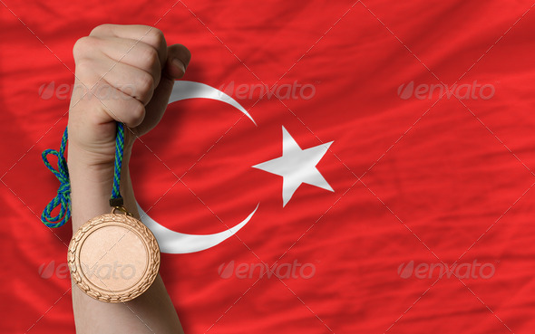 Bronze medal for sport and national flag of turkey