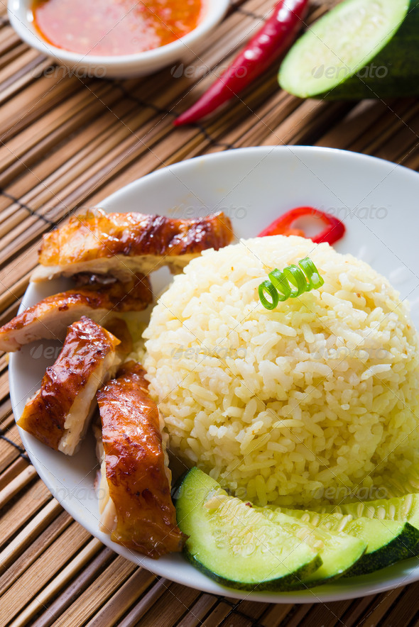 chicken rice. Asian style hainan chicken rice closeup