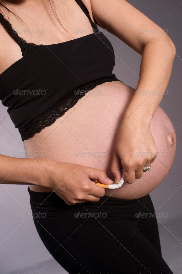 Pregnant Woman Expecting Breaks Tabacco Cigarettes No Smoking