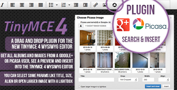 TinyMCE 4 plugin Picasa/Google plus images - CodeCanyon Item for Sale