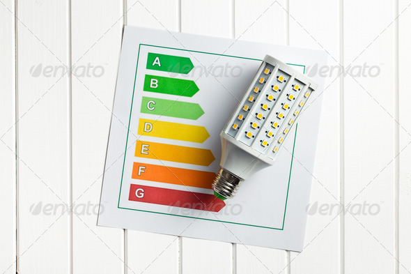 top view of LED lightbulb with energy label on white wooden background