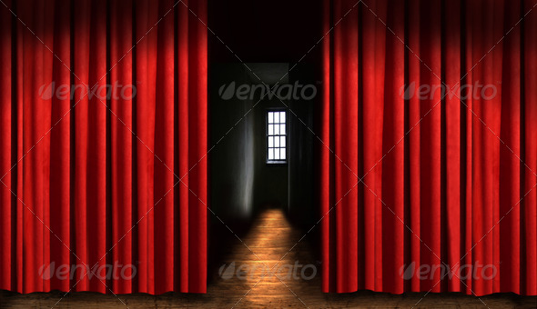 Red theater curtain with window and dark shadows