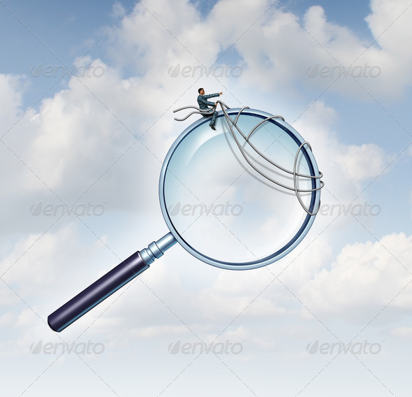 Career job search business concept as a businessman riding a giant magnifying glass guiding it with a harness as a metaphor for leadership in employment recruitment and discovery of financial opportunities.