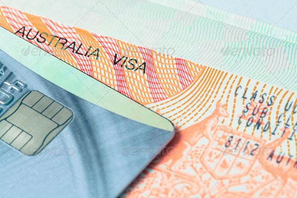 Passport stamp visa and credit card for travel concept background, Australia