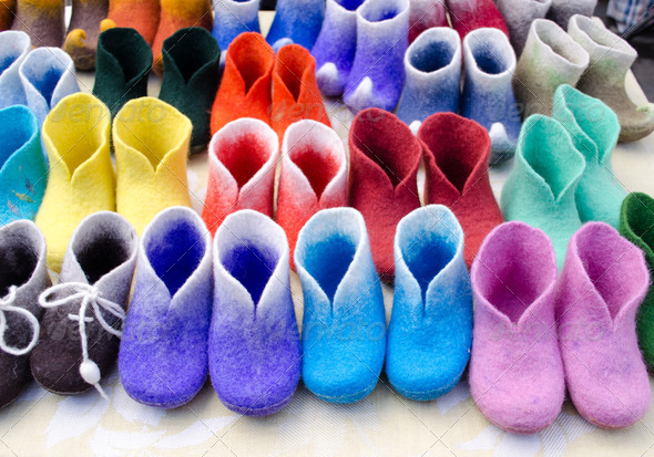 colorful felt boots in market